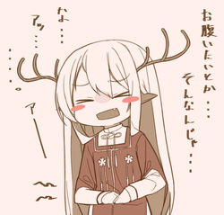  &gt;_&lt; animal_ears antlers blush_stickers commentary_request female hair_between_eyes hitoshi horns long_hair long_sleeves monochrome oerba_yun_fang open_mouth original pointy_ears sepia sidelocks smile solo stomach_ache stomach_growling tabard 