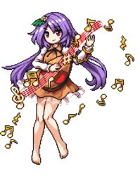  barefoot beamed_eighth_notes biwa_lute brown_dress commentary_request dress eighth_note female flower full_body hair_flower hair_ornament instrument light_purple_hair low_twintails lowres lute_(instrument) music musical_note namako_daibakuhatsu note pixel_art playing_instrument purple_hair smile solo touhou transparent_background tsukumo_benben twintails 