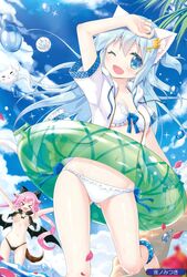  &gt;_&lt; 2girls :d ;d \o/ absurdres animal_band animal_ears ankle_scrunchie aqua_eyes aqua_hair arms_up artist_name ball barefoot bat_wings beachball bikini black_bikini blue_bow blue_ribbon bow breasts cat_ears cat_tail cleavage closed_eyes cloud creature day dog_ears dog_tail frilled_bikini frills front-tie_top green_innertube hand_on_own_head highres hood hoodie innertube jacket jacket_over_swimsuit key_hair_ornament lily_(uchi_no_pet_jijou) medium_breasts mint_(uchi_no_pet_jijou) multiple_girls navel oerba_yun_fang one_eye_closed open_clothes open_hoodie open_mouth outdoors outstretched_arms petals pink_hair plaid_trim polka_dot polka_dot_scrunchie ribbon scan scrunchie side-tie_bikini_bottom sky sleeveless sleeveless_hoodie small_breasts smile swim_ring swimsuit tail twintails two_side_up uchi_no_pet_jijou underboob v-shaped_eyebrows wading water water_drop white_bikini wings yano_mitsuki_(nanairo) 