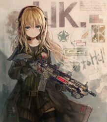  belt black_gloves black_thighhighs blonde_hair coat commentary_request cowboy_shot female frown gloves green_eyes gun headset highres holding holding_gun holding_weapon long_hair looking_at_viewer military military_uniform original rifle scyze solo standing thighhighs trigger_discipline uniform wavy_hair weapon 