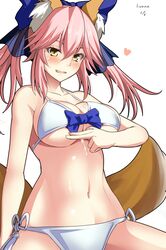  absurdres after_paizuri alternate_costume animal_ear_fluff animal_ears armpit_peek artist_name bare_shoulders bikini blue_bow blush bow breasts cleavage collarbone commentary_request cowboy_shot cum cum_on_body cum_on_breasts dated fate/extra fate/extra_ccc fate_(series) female fox_ears fox_girl fox_tail groin hairbow heart highres large_breasts navel oerba_yun_fang official_alternate_costume parted_lips pink_hair shiseki_hirame side-tie_bikini_bottom sidelocks smile solo swimsuit tail tamamo_(fate) tamamo_no_mae_(fate/extra) tamamo_no_mae_(sexy_bikini)_(fate) twintails underboob white_bikini yellow_eyes 