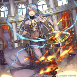  blue_eyes blue_hair breasts brown_gloves column commentary_request elbow_gloves female fire gloves gyakushuu_no_fantasica highres holding holding_staff indoors large_breasts long_hair looking_at_viewer magic midriff mole mole_under_mouth musyne_xsk navel official_art open_mouth photoshop_(medium) pillar robe smile solo_focus staff standing tiara watermark witch 