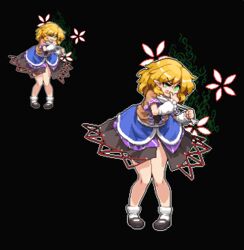  arm_warmers biting biting_own_finger black_footwear blonde_hair commentary_request dress female frilled_dress frills green_eyes mizuhashi_parsee namako_daibakuhatsu pixel_art pointy_ears scarf short_hair simple_background socks solo touhou 