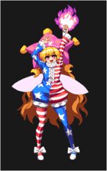  alternate_costume american_flag american_flag_dress american_flag_legwear clownpiece commentary_request dress fairy_wings female frilled_shirt_collar frills hat jester_cap long_hair lowres namako_daibakuhatsu neck_ruff pantyhose pixel_art print_pantyhose short_dress simple_background solo standing star_(symbol) star_print striped_clothes striped_dress striped_pantyhose torch touhou v very_long_hair wings 