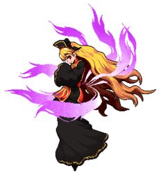  black_dress blonde_hair chinese_clothes commentary_request dress female full_body gradient_hair hat junko_(touhou) long_hair looking_at_viewer lowres multicolored_hair multiple_tails namako_daibakuhatsu orange_hair phoenix_crown pixel_art red_eyes smile solo tabard tail touhou transparent_background very_long_hair wide_sleeves 