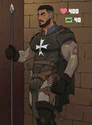  1boy 2023 armor armour bara barazoku beard big_bulge bulge castlevania castlevania_(netflix) castlevania_nocturne clothing facial_hair gay hairy hairy_male hi_res highres huge_bulge jockbeest looking_at_viewer male male_focus male_only manly mizrak muscular_male precum precum_through_clothing solo solo_male yaoi 