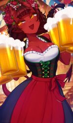  1girls bangs beer beer_mug blunt_bangs blush corset demon demon_girl dirndl dress female female_only flower_hair_ornament freckles freckles_on_face fully_clothed meru_(merunyaa) meruccubus_(merunyaa) merunyaa mole mole_on_cheek mole_under_eye oktoberfest pigtails red_skin smile succubus succubus_horns succubus_tail tagme yellow_eyes 