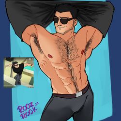  1boy 2023 armpit_hair bara bara_tits barazoku beard_stubble black_hair bulge clothing gay hairy_chest hairy_male lucas_lee male male_focus male_nipples male_only manly muscular_male nipples no_visible_genitalia roozrook scott_pilgrim solo solo_male taking_clothes_off 