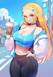  ai_generated blonde_hair blue_nails breath_of_the_wild cleavage coffee green_eyes hand_on_hip krystalizedart lips lipstick long_nails princess_zelda smiling starbucks tagme the_legend_of_zelda white_girl yoga_pants zelda_(breath_of_the_wild) 