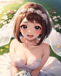  1girls ai_generated brown_eyes brown_hair flower looking_at_viewer medium_breasts medium_hair my_hero_academia ochako_uraraka sebasmidi smile uraraka_ochako wedding_dress wedding_veil white_dress 