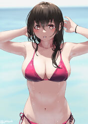  armpits aya_(jonsun) bare_arms bare_shoulders bikini black_hair blurry blurry_background blush breasts cleavage collarbone female hair_tie hands_up in_water jonsun large_breasts long_hair looking_at_viewer mole mole_on_body mole_on_breast navel ocean original outdoors parted_lips pink_bikini red_eyes side-tie_bikini_bottom sideboob solo standing swimsuit twitter_username upper_body wet 