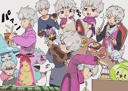  1boy bede_(pokemon) blush_stickers chewing closed_eyes closed_mouth collarbone commentary_request cup duosion eating egg_(food) food fried_egg galarian_ponyta gothita grey_hair grey_shirt hatenna hatterene highres holding holding_knife holding_spoon knife looking_down mug nashubi_(to_infinity_wow) okosama_lunch open_mouth opening pokemon pokemon_(creature) pokemon_swsh protected_link pudding purple_eyes shaded_face shirt spoon tongue translation_request 