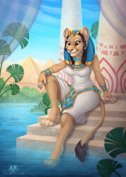  4_toes 5_fingers anthro barefoot biped breasts brown_eyes claws clothed clothing cloud deity detailed detailed_background dolphydolphiana egyptian_mythology feet felid female finger_claws fingers foot_in_water fur headgear jewelry lion looking_down mammal middle_eastern_mythology mythology pantherine pink_nose plant pyramid sekhmet signature sitting sky smile solo stairs tan_body tan_feet tan_fur toe_claws toes water yellow_sclera 