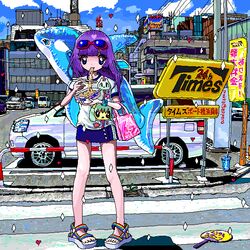  ace_akira bag car cup_ramen eating english_text eyewear_on_head female food inflatable_orca inflatable_toy instant_soba jaggy_lines long_hair motor_vehicle noodles orca original parking_lot pixel_art purple_hair ramen revision sandals sign solo sunglasses translated van yakisoba 