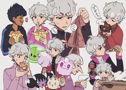  2boys bede_(pokemon) bowl chopsticks clenched_teeth commentary_request curly_hair dark-skinned_male dark_skin female food food_on_face gothorita grey_hair half-closed_eyes highres holding holding_bowl holding_chopsticks holding_food holding_pizza hood hoodie hop_(pokemon) milcery multiple_boys nashubi_(to_infinity_wow) opal_(pokemon) pizza pizza_slice pokemon pokemon_(creature) pokemon_swsh protected_link purple_eyes short_hair solosis speech_bubble swirlix teeth translation_request white_background 