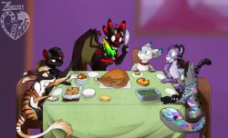  avian bird dessert feast felisrandomis food furniture galliform ghost gray_(neko_jesus) group holidays inside pastry phasianid pie pumpkin_pie senky seraphictiger spirit table thanksgiving tuli&#039;k_(vernid) turkey undead vernid zaezar 