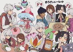  2boys 2girls :t asymmetrical_bangs bede_(pokemon) black_hair blush bowl brown_eyes brown_hair chopsticks cinderace commentary_request cup curly_hair dark-skinned_male dark_skin drinking eating eyelashes food full_mouth gloria_(pokemon) green_eyes grey_hair hattrem highres holding holding_chopsticks holding_cup holding_food holding_saucer hop_(pokemon) kirlia macaron marnie_(pokemon) marshmallow morpeko morpeko_(full) multiple_boys multiple_girls nashubi_(to_infinity_wow) noodles pokemon pokemon_(creature) pokemon_swsh polteageist protected_link purple_eyes ramen saucer sinistea taiyaki thumbs_up translated wagashi white_background 