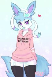  2022 ambiguous_gender andromorph_(lore) anthro blep blue_body blue_fur blush clothing digital_media_(artwork) eeveelution english_text fur generation_6_pokemon heart_symbol hoodie legwear looking_at_viewer meme milk_the_sylveon_(toxicmilkyx) multicolored_body multicolored_fur nintendo pokemon pokemon_(species) pokemorph purple_eyes ribbons shirt signature simple_background smile solo standing sylveon text text_on_clothing text_on_hoodie text_on_shirt text_on_topwear thick_thighs tongue tongue_out topwear toxicmilkyx trans_(lore) trans_man_(lore) two_tone_body two_tone_fur white_body 