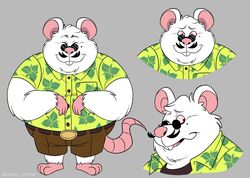  2021 anthro belly big_belly bottomwear closed_eyes clothing eyewear facial_hair fur humanoid_hands john_vithor male mammal mouse moustache murid murine overweight overweight_male pink_nose red_eyes rodent shirt shorts simple_background solo sunglasses topwear white_body white_fur 