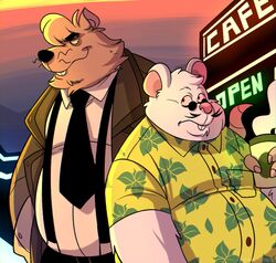  2021 anthro belly big_belly black_nose brown_body brown_fur clothing duo fur humanoid_hands john_vithor male mammal mouse murid murine necktie outside overweight overweight_male pink_nose rat rodent shirt suspenders topwear white_body white_fur 