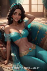  1girls 2:3 ai_generated aladdin aladdin_(1992_disney_film) arabian_clothes armpit bare_midriff bare_shoulders black_hair brown_eyes cleavage disney disney_princess earrings female female_only harem_outfit headband indoors lying navel off_shoulder open_smile patreon_username primo_aiart princess_jasmine shaved_armpit solo stable_diffusion 