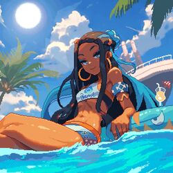  1girls 2d abs animated black_hair blue_eyes crossed_legs cute dark-skinned_female dark_skin female game_freak highlights hoop_earrings itzah looking_at_viewer low-angle_view midriff nessa_(pokemon) nintendo no_sound outdoors pixel_art pokemon pokemon_(species) short_shorts shorter_than_10_seconds shorter_than_30_seconds shorts sitting small_breasts smile solo_female sports_bra tagme thin_female thin_waist very_long_hair video water 