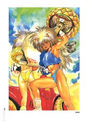  animal_ears annapuma armpits artist_name ass back big_hair blue_panties border cat_ears copyright_name dominion headwear_removed helmet helmet_removed lifting long_hair multiple_girls navel official_art open_mouth panties red_eyes shirou_masamune shirt siblings sisters sleeveless sleeveless_shirt standing tank_top traditional_media twins underwear unipuma upper_teeth vehicle watercolor_(medium) yellow_panties 