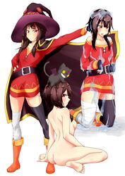  angry asymmetrical_legwear bat_wings belt black_belt black_hair blush boots breasts cape chomusuke cloak collar completely_nude dress feline fingerless_gloves frown gloves grin kneeling kono_subarashii_sekai_ni_shukufuku_wo! looking_at_viewer maco megumin nude orange_boots red_dress red_eyes sexually_suggestive short_hair short_hair_with_long_locks sideboob single_thighhigh slimy small_breasts smile soles squatting standing thighhighs tube_dress wet white_background wings 