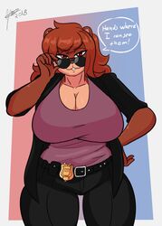  2018 badge bear big_breasts breasts brown_bear cleavage clothed clothing dialogue english_text eyewear female front_view gina_knight hair hi_res huge_breasts jwinkz kodiak_bear looking_at_viewer mammal police police_badge police_officer signature solo speech_bubble sunglasses talking_to_viewer text thick_thighs thigh_gap ursine wide_hips year 