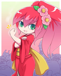  :d blush_stickers bras_d&#039;honneur clenched_hand commentary_request female flower green_eyes hair_flower hair_ornament hand_on_own_arm high_ponytail japanese_clothes kimono long_hair looking_at_viewer multicolored_hair nollety open_mouth parody red_hair sleeves_rolled_up smile solo tsubakihime_(youkai_watch) two-tone_hair youkai_(youkai_watch) youkai_watch 