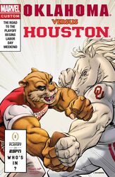  2016 5_fingers american_football anthro claws clothing college_football duo english_text equid equine espn fight fingers fist fur green_eyes horse houston_cougars male mammal marvel muscular muscular_male ncaa official_art oklahoma_sooners open_mouth orange_body orange_fur rachelle_rosenberg sport text tom_raney white_body white_fur 