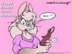  1998 4:3 bodily_fluids candy cannibalism chocolate chocolate_bunny clothed clothing crying dessert dialogue easter eating english_text eric_schwartz female food food_creature fur green_eyes grey_body grey_fur grey_hair hair holidays lagomorph leporid living_candy mammal open_mouth pink_background rabbit simple_background solo tears text 