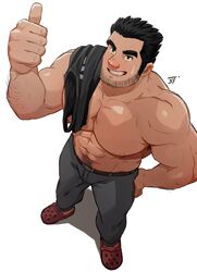  1boy 2023 bara bara_tits barazoku beard_stubble black_hair bulge clothing gay hairy_male jojiart lucas_lee male male_focus male_nipples male_only manly muscular_male nipples no_visible_genitalia scott_pilgrim solo solo_male 