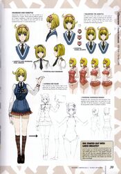  arms_behind_back bikini blonde_hair blue_eyes choker concept_art cosette_coalhearth female frilled_bikini frills headband highres honjou_raita midriff multiple_views necktie non-web_source pleated_skirt reference_sheet ribbon senjou_no_valkyria_(series) senjou_no_valkyria_2 shoes simple_background skirt smile stethoscope swimsuit uniform variations 