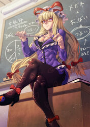  alternate_costume bespectacled black_pantyhose blonde_hair book bow breasts bucket buttons chalkboard cleavage commentary_request cross-laced_clothes crossed_legs desk eraser eye_print female formal frills from_below full_body glasses graph graph_(object) hairbow hat hat_bow high_heels holding indoors jacket kuroshio_(zung-man) large_breasts legs light_smile long_hair long_sleeves looking_at_viewer low-tied_long_hair miniskirt on_desk pantyhose pencil_skirt pie_chart pointer print_pantyhose purple_eyes red-framed_eyewear shoes side_slit sitting skirt skirt_suit smile solo suit taut_clothes teacher thighs touhou translated very_long_hair wide_hips yakumo_yukari yin_yang 