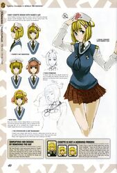  blonde_hair blue_eyes concept_art cosette_coalhearth female hair_ornament hairclip hat headband highres honjou_raita line_art multiple_views necktie non-web_source nurse_cap open_mouth pleated_skirt reference_sheet senjou_no_valkyria_(series) senjou_no_valkyria_2 simple_background skirt smile stethoscope uniform variations 