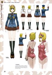  bare_shoulders blazer blonde_hair blue_eyes bow concept_art cosette_coalhearth epaulettes female hat headband highres honjou_raita jacket military military_uniform miniskirt multiple_views necktie non-web_source one-piece_swimsuit plaid plaid_skirt pleated_skirt reference_sheet ribbon senjou_no_valkyria_(series) senjou_no_valkyria_2 shoes short_hair short_sleeves simple_background skirt smile swimsuit turnaround uniform variations 