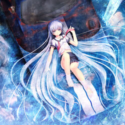  aruciii barefoot car commentary_request female grey_eyes highres long_hair lying motor_vehicle on_back on_vehicle original partially_submerged photoshop_(medium) school_uniform serafuku silver_hair solo very_long_hair water 