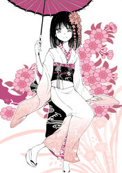  black_hair bob_cut commentary_request female floral_background floral_print flower geta hair_flower hair_ornament japanese_clothes kimono light_smile obi oil-paper_umbrella partially_colored sash seiko_(cleanage) short_hair sitting solo umbrella wide_sleeves xxxholic zashiki-warashi zashiki-warashi_(xxxholic) 