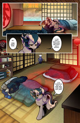  bamboo bamboo_stick bed bedding bedroom blanket cloak clothing dormin-kanna equid equine feral folded_wings footwear furniture hasbro hi_res horse inside japanese_architecture male mammal my_little_pony narrowed_eyes open_mouth pegasus pillow pony red_lantern_(object) red_light shoes solo soul_silver_(dormin-kanna) talking_to_self thunder_glass_shoes undressed undressing undressing_self vase water wings yellow_eyes 