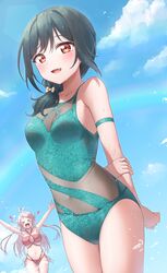  2girls aqua_one-piece_swimsuit arms_behind_back bikini black_hair blue_sky breasts casual_one-piece_swimsuit cloud cowboy_shot day hair_over_shoulder highres long_sleeves looking_at_viewer love_live! love_live!_nijigasaki_high_school_idol_club mifune_shioriko morros multiple_girls oerba_yun_fang one-piece_swimsuit outdoors red_bikini red_eyes sky smile swimsuit zhong_lanzhu 