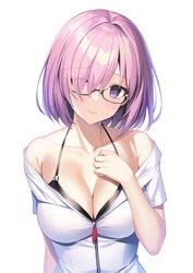  alternate_costume bare_shoulders black-framed_eyewear black_bra blush bra breasts cleavage closed_mouth collarbone commentary fate/grand_order fate_(series) female glasses hair_over_one_eye highres jacket light_purple_hair looking_at_viewer mash_kyrielight medium_breasts mishiro_(ixtlolton) off_shoulder one_eye_covered parody purple_eyes simple_background smile solo style_parody takeuchi_takashi_(style) underwear white_background white_jacket zipper 