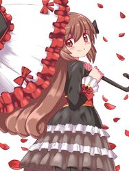  bow brown_eyes brown_hair closed_mouth cougar_(cougar1404) dress female frilled_dress frills long_hair looking_at_viewer magia_record:_mahou_shoujo_madoka_magica_gaiden magical_girl mahou_shoujo_madoka_magica petals ribbon satomi_touka simple_background skirt smile solo umbrella 