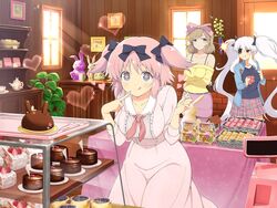  3girls animal_ears bad_id bad_twitter_id bag black_ribbon blonde_hair blue_eyes blue_jacket blue_shirt blush bow breasts brick_wall cafe cash_register chocolate cleavage clenched_teeth cup door dress eyepatch finger_to_mouth frills green_eyes hair_ornament hair_ribbon hairbow handbag haruka_(senran_kagura) heart hibari_(senran_kagura) highres huge_breasts jacket large_breasts long_dress long_hair looking_at_viewer mug multiple_girls neckerchief official_art photo_(object) picture_frame pink_dress pink_hair pink_skirt plaid plaid_skirt plant potted_plant rabbit rabbit_ears red_eyes red_neckerchief ribbon senran_kagura senran_kagura_new_link shirt short_hair short_twintails shortcake shuriken skirt smile spaghetti_strap sparkle stuffed_animal stuffed_rabbit stuffed_toy surprised symbol-shaped_pupils table teapot teeth tongue tongue_out twintails weapon white_hair window wooden_door yaegashi_nan yagyu_(senran_kagura) yellow_shirt 