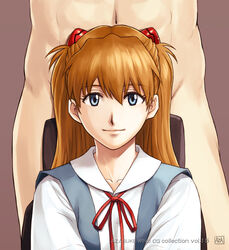  1boy azasuke blue_dress blue_eyes closed_mouth clothed_female_nude_male dress female headgear highres long_hair looking_at_viewer navel neck_ribbon neon_genesis_evangelion nude orange_hair red_ribbon ribbon shirt smile solo_focus souryuu_asuka_langley straight white_shirt 