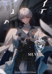  1boy absurdres bird black_gloves blue_eyes cowboy_shot earrings expressionless gloves grateful_shell_collector highres jewelry light_particles male_focus paizhaobozhu pointy_ears short_hair sky:_children_of_the_light solo sparkle tassel tassel_earrings uniform white_bird white_hair 