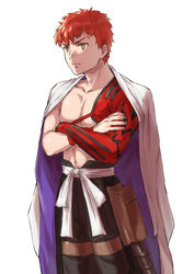  1boy abs cape emiya_shirou fate/grand_order fate/stay_night fate_(series) igote japanese_clothes orange_hair red_hair senji_muramasa_(fate) short_hair single_bare_shoulder t_arareba yellow_eyes 