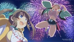  2girls :d aerial_fireworks armpits arms_up bag bare_shoulders bell blue_eyes blush breasts brown_hair choker cleavage commentary_request dated fireworks frills green_choker green_eyes green_kimono hachimaki hair_between_eyes hair_ornament hairclip hanabi_(senran_kagura) headband highres japanese_clothes kimono large_breasts long_hair looking_up minori_(senran_kagura) multiple_girls navel night night_sky official_art open_mouth orange_hair outdoors panties red_stripes ribbon sandals satchel senran_kagura senran_kagura_estival_versus short_hair skirt sky smile striped_clothes striped_panties tank_top twintails underwear white_ribbon yaegashi_nan 