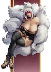  2022 5_toes 9_tails accessory animal_humanoid armwear bare_shoulders big_breasts biped black_armwear black_bottomwear black_clothing black_footwear black_legwear black_shoes black_thigh_highs bottomwear breasts canid canid_humanoid canine canine_humanoid cleavage clothed clothing colored digital_media_(artwork) eye_markings eyelashes feet female fingers fluffy fluffy_tail footwear fox_humanoid front_view full-length_portrait fully_clothed fur glistening glistening_body glistening_breasts glistening_skin green_eyes grey_body grey_ears grey_fur grey_hair grey_inner_ear grey_inner_ear_fluff grey_tail hair hair_accessory hi_res high_heels highlights_(coloring) huge_breasts humanoid humanoid_feet humanoid_hands inner_ear_fluff legwear light_body light_skin long_hair looking_at_viewer mammal mammal_humanoid markings monotone_body monotone_fur monotone_tail multi_tail multicolored_hair packge pattern_armwear pattern_clothing pink_hair pink_highlights pink_markings plantigrade platform_footwear platform_heels ponytail portrait pupils purple_clothing purple_topwear shaded shirt_collar simple_background sitting skimpy smile solo tail thick_tail thigh_highs toes tongue topwear tuft two_tone_hair 