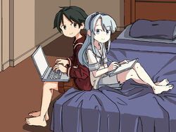  2girls asymmetrical_bangs back-to-back barefoot bed black_hair brown_eyes brown_sailor_collar brown_serafuku brown_shorts commentary computer drawing_tablet english_commentary eromanga_sensei grey_hair grey_sailor_collar grey_skirt hairband kantai_collection laptop long_hair long_sleeves looking_at_viewer mogami_(kancolle) multiple_girls name_connection one-hour_drawing_challenge pleated_skirt purple_eyes purple_hairband sagiri_(kancolle) sailor_collar school_uniform serafuku short_hair short_sleeves shorts sitting sixten skirt stylus swept_bangs 